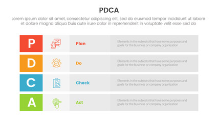 Fototapeta na wymiar pdca management business continual improvement infographic 4 point stage template with long box rectangle box stack for slide presentation