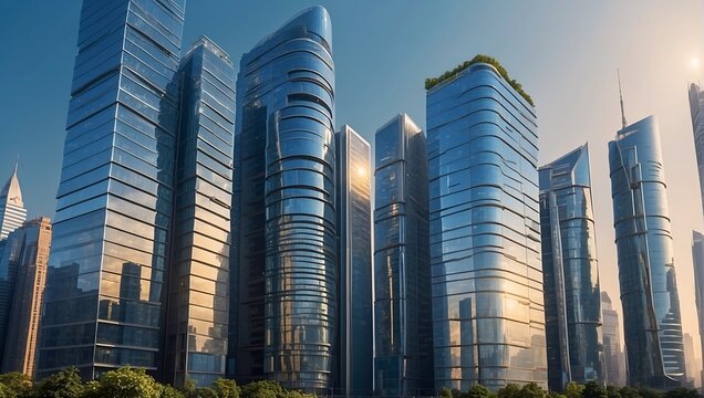 Image of modern skyscrapers in smart city, futuristic financial district with buildings and reflections, blue color background for corporate and business templates with warm sunlight. AI generated