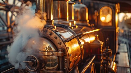 Close-up of a vintage steam train in warm sunset light, with steam rising and brass fittings gleaming.