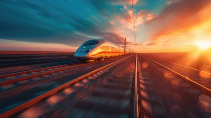Foto op Plexiglas A modern high-speed train racing along tracks as the sun sets, casting warm hues over the dynamic scene. © Jonas