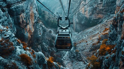 A cable car traverses a vast mountainous landscape with rugged cliffs and autumnal foliage.