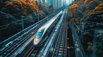 A modern train speeds along tracks amidst autumnal trees and urban high-rises. - Powered by Adobe