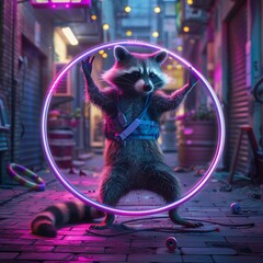 A raccoon spinning a hula hoop in a city alley, with vibrant neon lights, comical stance, clean setting, and realistic HD texture