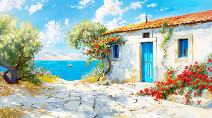 Oil painting of village house with sea flowers. Sunny day atmosphere