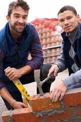 Construction worker, bricklayer and men with tools for building a brick wall, handyman or...