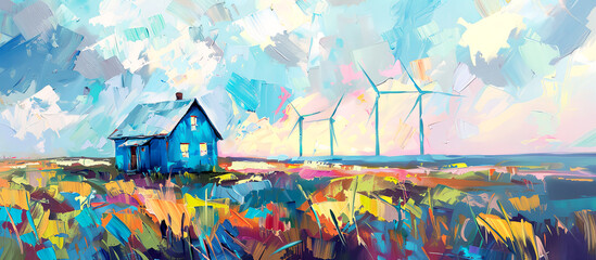 Landscape featuring a solitary blue cottage, wind turbines. Oil painting art banner