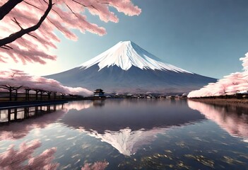 mountain and cherry blossoms