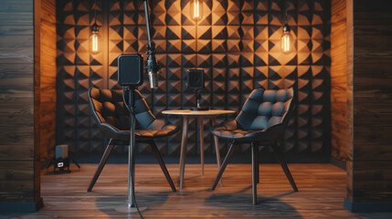 Fototapeta na wymiar Professional Podcasting Setup, Podcast Studio Interior with Dual Chairs