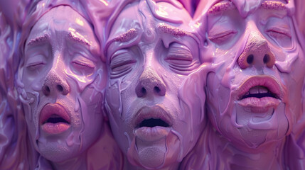3D clay art of purple and pink faces and expressions