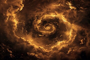Majestic golden swirls in a dark cosmic space, depicting abstract celestial phenomena.