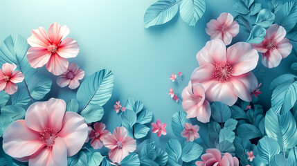 3D digital painting of pink and turquoise flowers and leaves