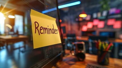 A sticky note attached to a computer monitor with the word Reminder written on it