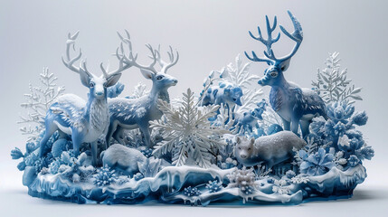 3D ice sculpture of blue and white animals and snowflakes