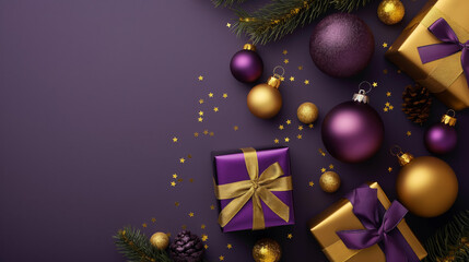 Elegant purple christmas theme with decorations and gifts