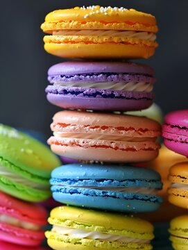 Colorful Macaroon Cookies Stacked in a Delightful Tower Display