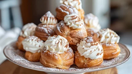 Fotobehang Delectable Profiteroles Platter:Perfectly Baked Cream Puffs Showcasing Creamy Indulgence and Bakery © Mickey