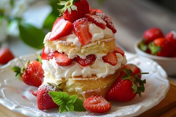 Delectable Strawberry Shortcake Dessert with Whipped Cream and Fresh Strawberry Garnish