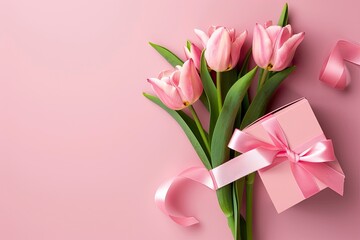 Fototapeta premium Title: Mother's Day concept. Top view photo of stylish pink giftbox with ribbon bow generative ai