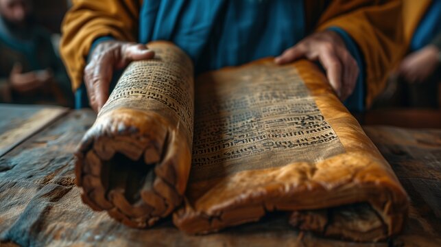 elderly, sage studying ancient scrolls