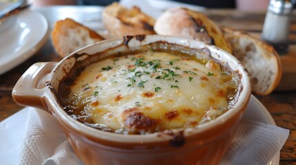 Homemade French Onion Soup with Melted Cheese and Crispy Croutons - A Savory and Comforting Classic Dish Served Hot in a Rustic Ceramic Bowl