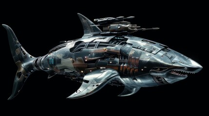 Illustration of a Cybernetic Robot shark with Futuristic Military Design, Isolated on a Black Background