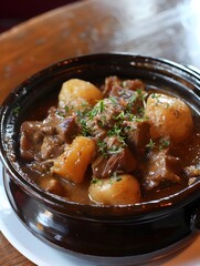 Steaming Bowl of Homestyle Lancashire Hotpot Stew with Tender Meat and Vegetables