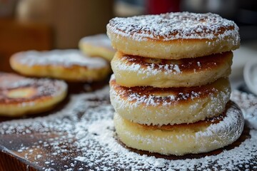 Stacked Golden Welsh Cakes with Powdered Sugar on Rustic Display