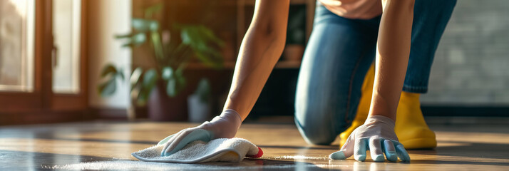 a woman kneeling and cleaning floor with a rag - cleaning service illustration - house wife home chores. 