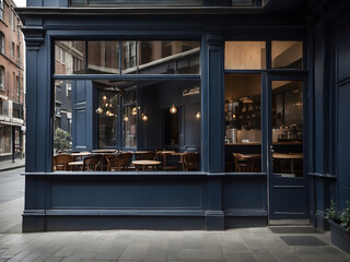 An empty frame decorates the navy blue exterior of a windowed cafe, adding to its allure.