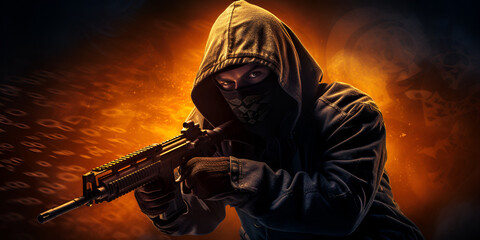 A criminal man in a hidden mask hold the shotgun and points something  wanted  with golden light background