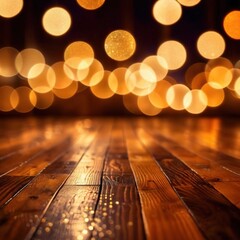 Blank empty wooden table top backdrop with golden bokeh lights for product mockup