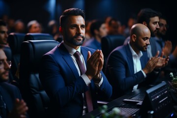 A positive male customer support agent smiling and giving a thumbs up gesture in a vibrant call center environment with modern digital displays. - obrazy, fototapety, plakaty