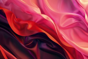 Abstract red and pink cloth background or water liquid illustration with wavy flowing folds and dark creases in the smooth satiny looking material design with curves and shine textured surface .
