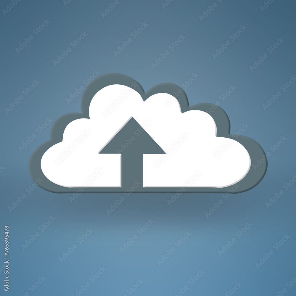 Poster cloud computing, graphic and arrow for upload with sign for data, information technology and art on 