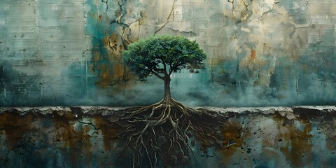 Resilient Tree Roots Breaking Through Concrete,Unstoppable Force of Nature Overcoming Urban Environment - obrazy, fototapety, plakaty