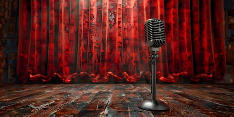 Vintage Microphone Waiting on Empty Stage with Dramatic Red Curtain Backdrop