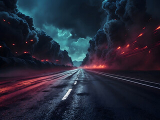 Abstract dark asphalt road background, space scene, street night vision, virtual reality, cyber futuristic sci-fi technology background with smoke