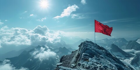 Conquering the Peak:A Flag Triumphantly Planted on a Majestic Mountain Summit - obrazy, fototapety, plakaty