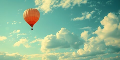 Fototapeta premium Majestic Hot Air Balloon Ascending into Whimsical Cloud-Filled Sky,Offering Serene Aerial Adventure