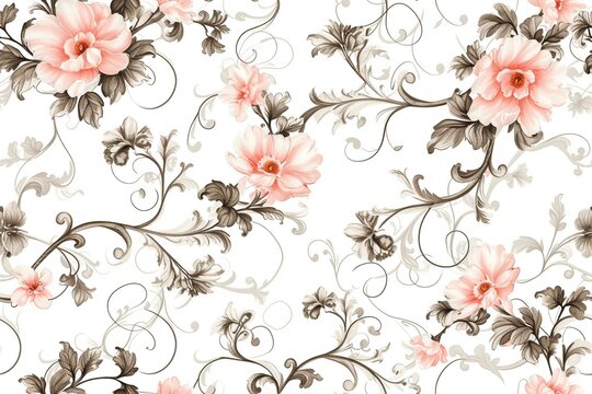 Delicate damask patterns intertwined with blooming flowers background.
