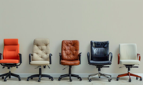 A row of empty office chairs. Recruitment and job hiring concept
