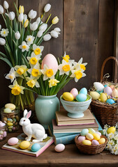 Fresh Colorful flowers vase, Basket of Colorful Eggs and the white smiling rabbit