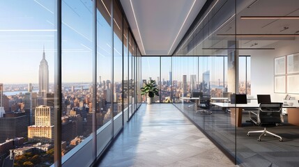 Fototapeta premium A sleek, modern office space with glass walls, ergonomic furniture, and panoramic views of a bustling cityscape below