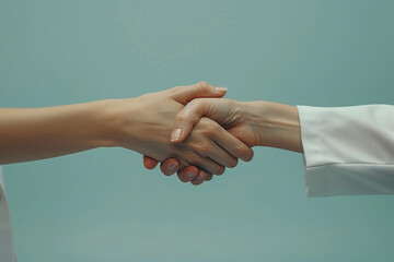 A doctor and a patient shaking hands on a light blue background. Concept of trust and satisfaction in health care. Copy space. - obrazy, fototapety, plakaty