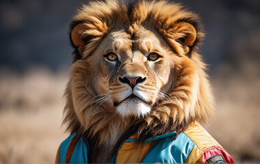 Obraz premium artistic vibrant portrait of a lion using jacket and wearing sunglasses