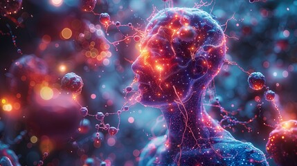 Computer generated image of person surrounded by bubbles in electric blue colors