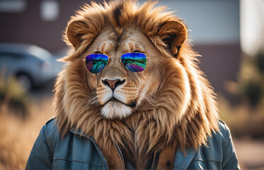 Fototapeta premium artistic vibrant portrait of a lion using jacket and wearing sunglasses