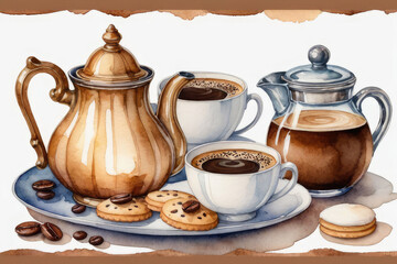 Composition with Turkish coffee pot, cookies, coffee beans and coffee cups on a white background watercolor style.