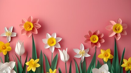 Spring Banner with tulips and daffodils, paper cut