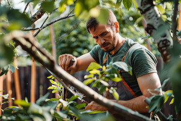 Man pruning tree branches in the garden